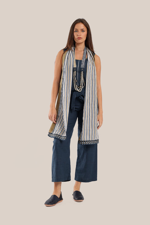 Striped printed scarf with embroidery